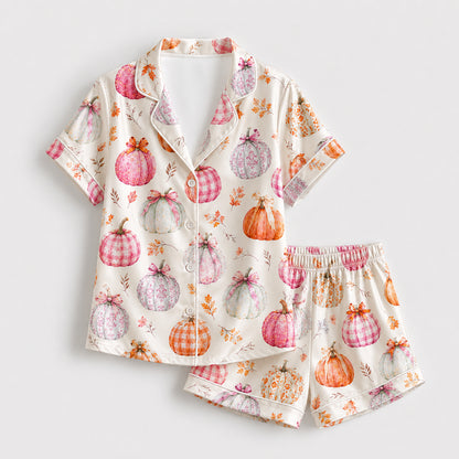 PJ-682-Whimsical Pumpkin Satin Pajamas, Playful Halloween Print Sleepwear, Soft Fall Lounge Set, Seasonal Gift
