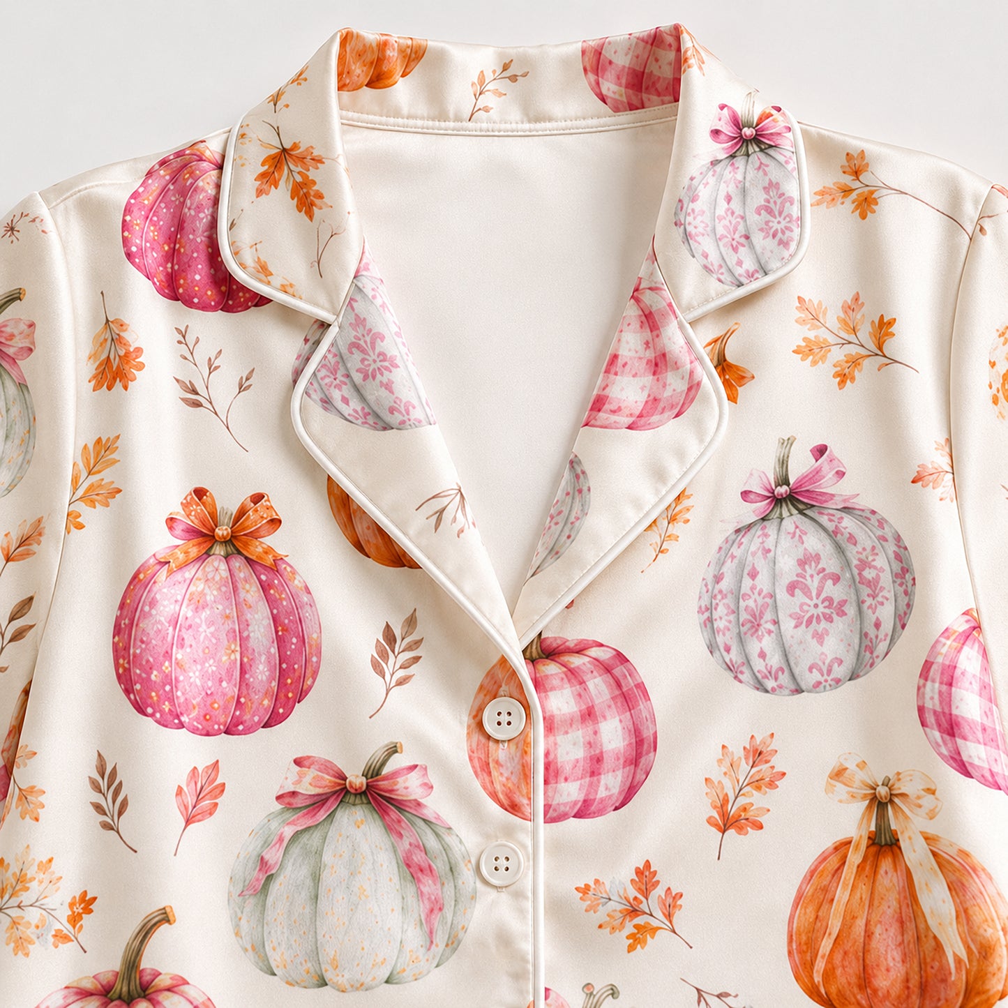PJ-682-Whimsical Pumpkin Satin Pajamas, Playful Halloween Print Sleepwear, Soft Fall Lounge Set, Seasonal Gift