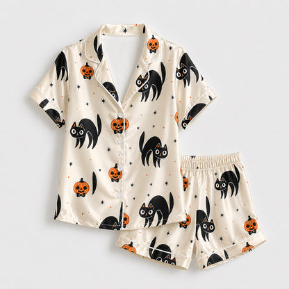 PJ-683-Black Cat Satin Pajama Set, Cute Halloween Pattern Sleepwear, Whimsical Spooky Loungewear, October Gift