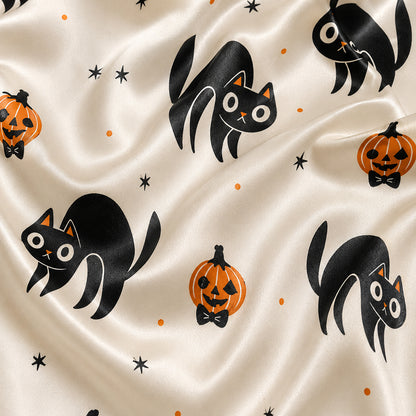 PJ-683-Black Cat Satin Pajama Set, Cute Halloween Pattern Sleepwear, Whimsical Spooky Loungewear, October Gift