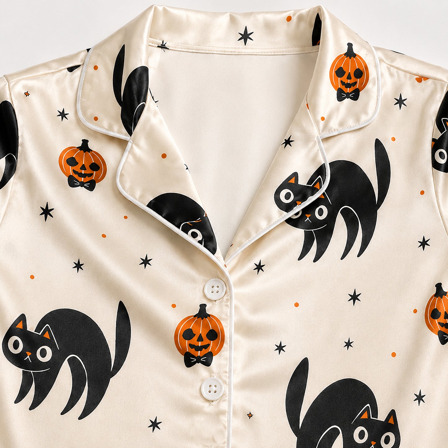 PJ-683-Black Cat Satin Pajama Set, Cute Halloween Pattern Sleepwear, Whimsical Spooky Loungewear, October Gift