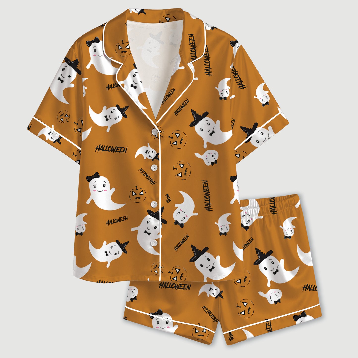 PJ-684-Vibrant Purple and Orange Halloween Pajamas, Playful Spooky Satin Sleepwear, Festive Fall Loungewear, October Gift