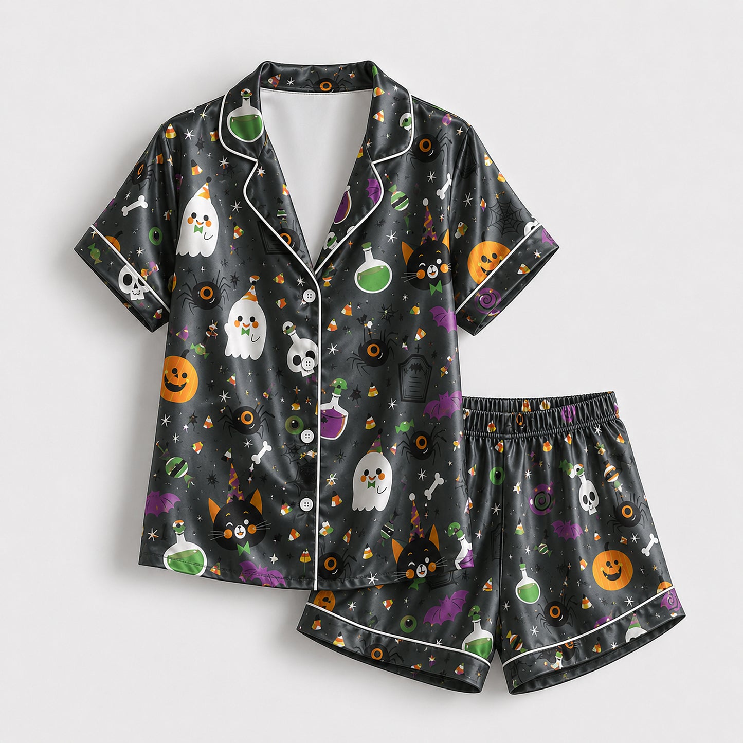 PJ-685-Halloween Storybook Satin Pajamas, Playful Seasonal Sleepwear, Soft Fall Lounge Set, Unique Holiday Gift