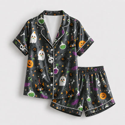PJ-685-Halloween Storybook Satin Pajamas, Playful Seasonal Sleepwear, Soft Fall Lounge Set, Unique Holiday Gift