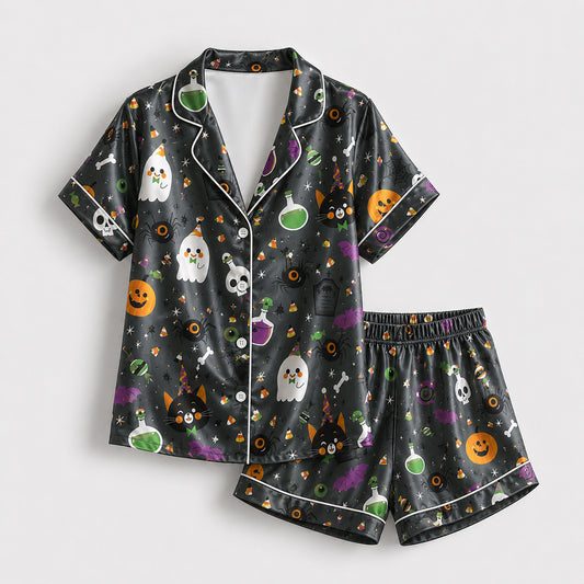 PJ-685-Halloween Storybook Satin Pajamas, Playful Seasonal Sleepwear, Soft Fall Lounge Set, Unique Holiday Gift