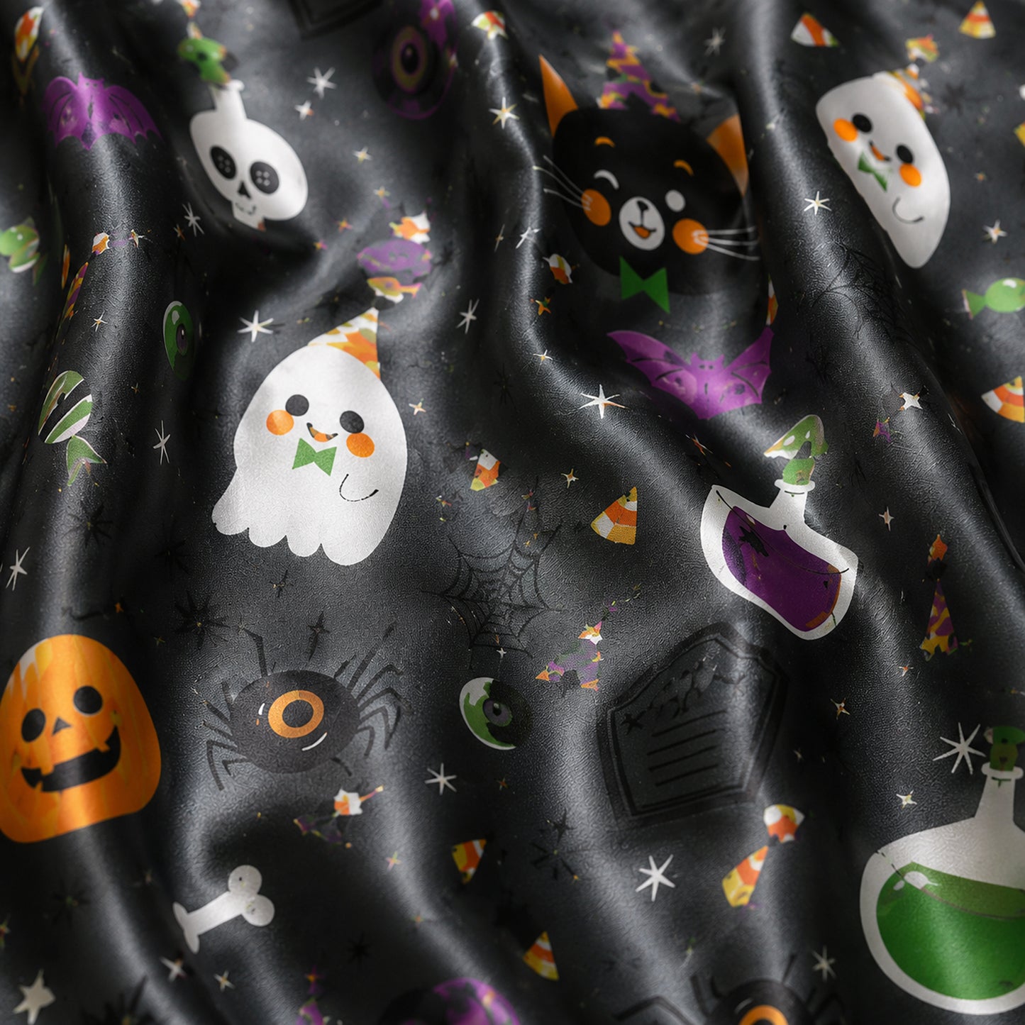 PJ-685-Halloween Storybook Satin Pajamas, Playful Seasonal Sleepwear, Soft Fall Lounge Set, Unique Holiday Gift