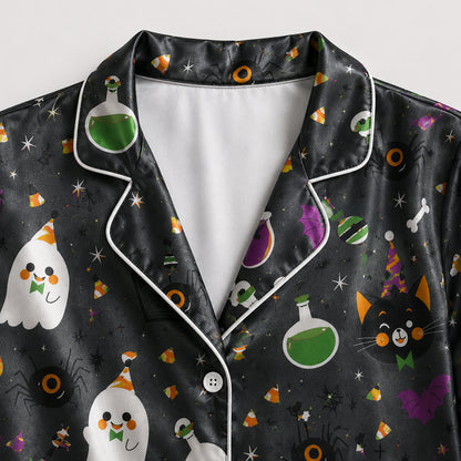 PJ-685-Halloween Storybook Satin Pajamas, Playful Seasonal Sleepwear, Soft Fall Lounge Set, Unique Holiday Gift