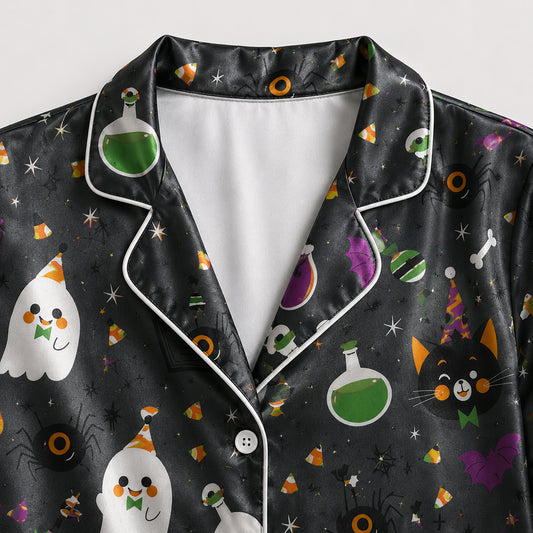 PJ-685-Halloween Storybook Satin Pajamas, Playful Seasonal Sleepwear, Soft Fall Lounge Set, Unique Holiday Gift