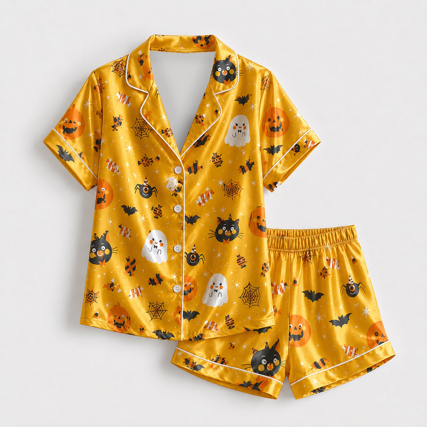 PJ-686-October Enchantment Pajama Set, Cute Spooky Satin Sleepwear, Elegant Autumn Loungewear, Boutique Gift