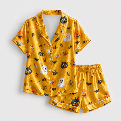 PJ-686-October Enchantment Pajama Set, Cute Spooky Satin Sleepwear, Elegant Autumn Loungewear, Boutique Gift