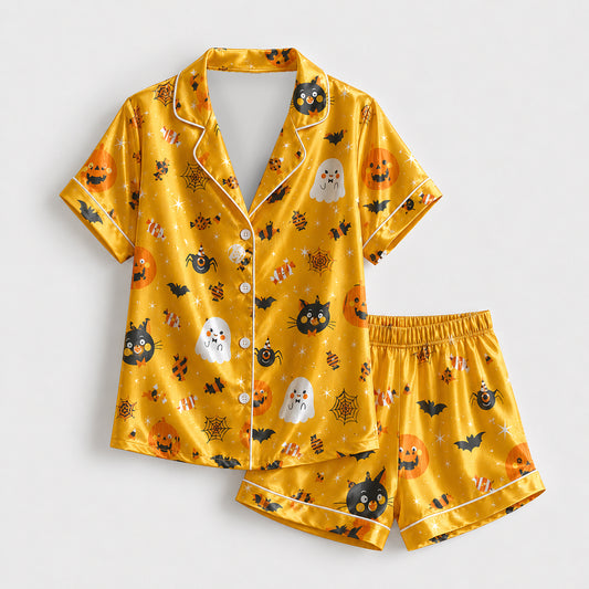 PJ-686-October Enchantment Pajama Set, Cute Spooky Satin Sleepwear, Elegant Autumn Loungewear, Boutique Gift