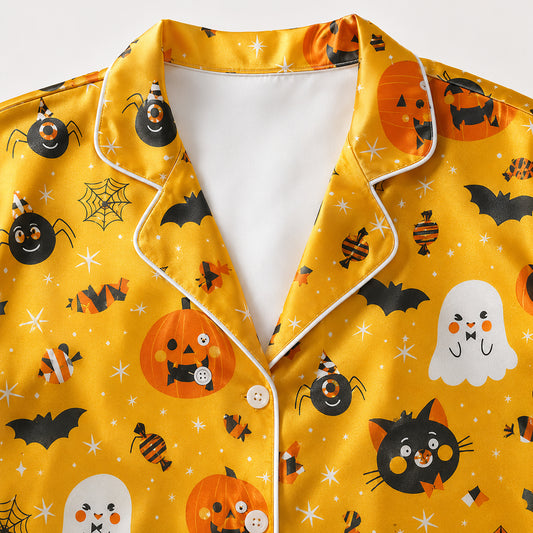 PJ-686-October Enchantment Pajama Set, Cute Spooky Satin Sleepwear, Elegant Autumn Loungewear, Boutique Gift