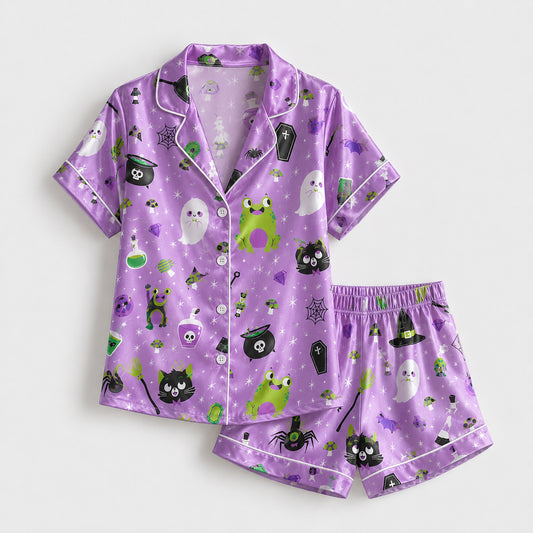 PJ-687-Whimsical After Dark Satin Pajamas, Halloween Inspired Sleepwear Set, Cozy Fall Lounge Wear, Exclusive Gift