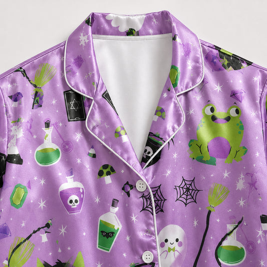 PJ-687-Whimsical After Dark Satin Pajamas, Halloween Inspired Sleepwear Set, Cozy Fall Lounge Wear, Exclusive Gift