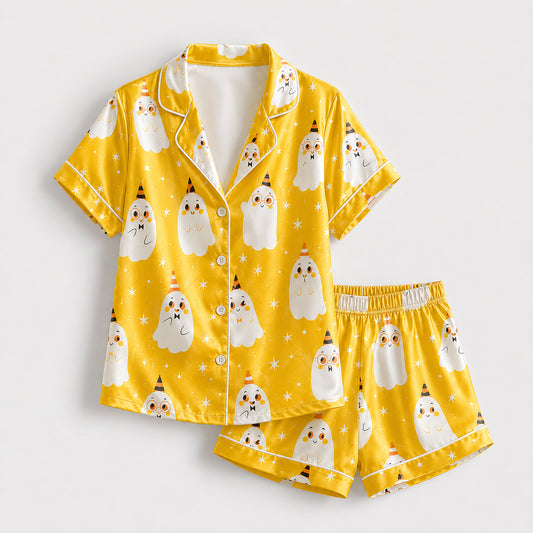 PJ-688-Spooky Darling Ghost Pajama Set, Charming Halloween Satin Sleepwear, Premium October Loungewear, Seasonal Nightwear