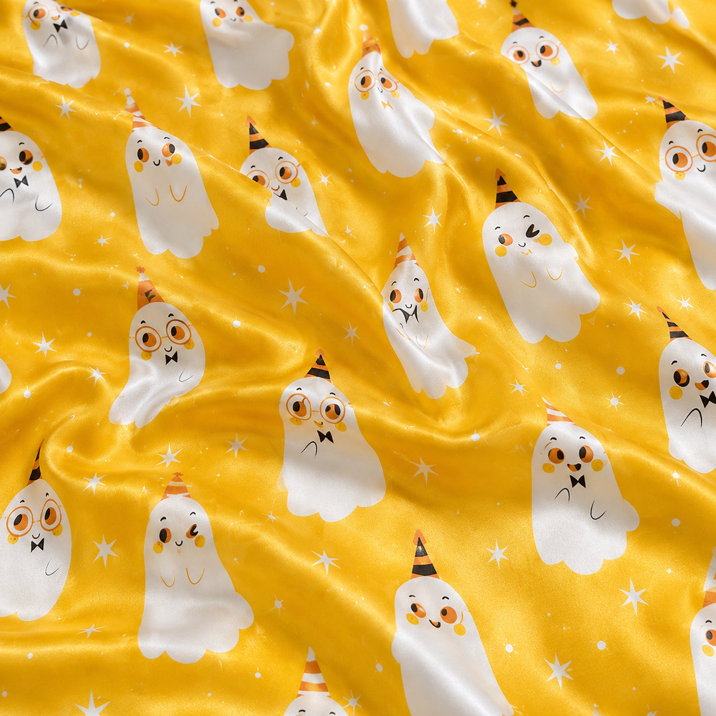 PJ-688-Spooky Darling Ghost Pajama Set, Charming Halloween Satin Sleepwear, Premium October Loungewear, Seasonal Nightwear