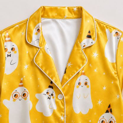 PJ-688-Spooky Darling Ghost Pajama Set, Charming Halloween Satin Sleepwear, Premium October Loungewear, Seasonal Nightwear