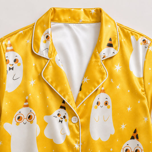 PJ-688-Spooky Darling Ghost Pajama Set, Charming Halloween Satin Sleepwear, Premium October Loungewear, Seasonal Nightwear