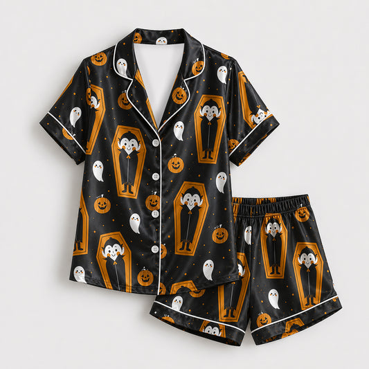 PJ-689-Cartoon Vampire Pajamas, Charming Halloween Satin Sleepwear, Cozy Gothic Lounge Set, Unique Seasonal Gift