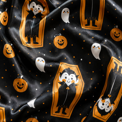 PJ-689-Cartoon Vampire Pajamas, Charming Halloween Satin Sleepwear, Cozy Gothic Lounge Set, Unique Seasonal Gift