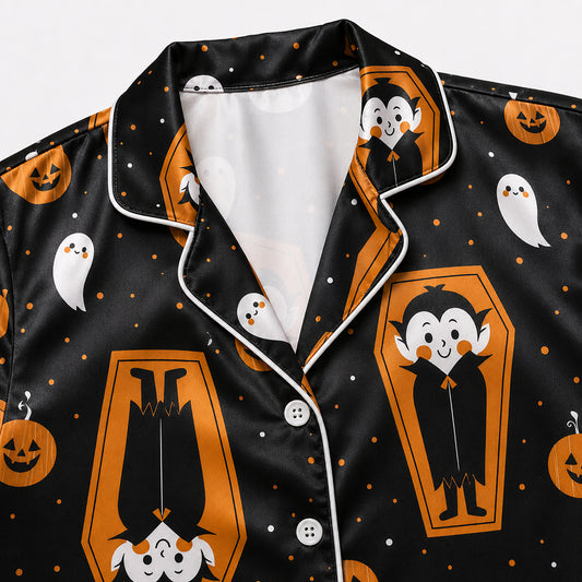 PJ-689-Cartoon Vampire Pajamas, Charming Halloween Satin Sleepwear, Cozy Gothic Lounge Set, Unique Seasonal Gift
