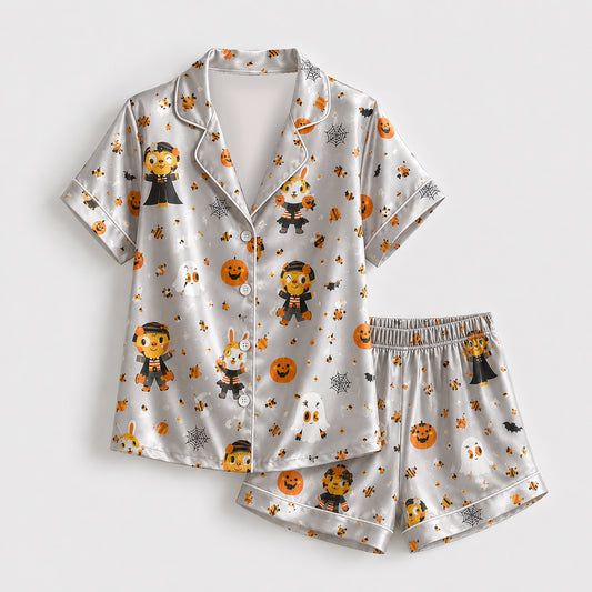 PJ-690-Cute Vampire Satin Pajama Set, Whimsical Halloween Sleepwear, Playful Spooky Loungewear, Fun October Gift