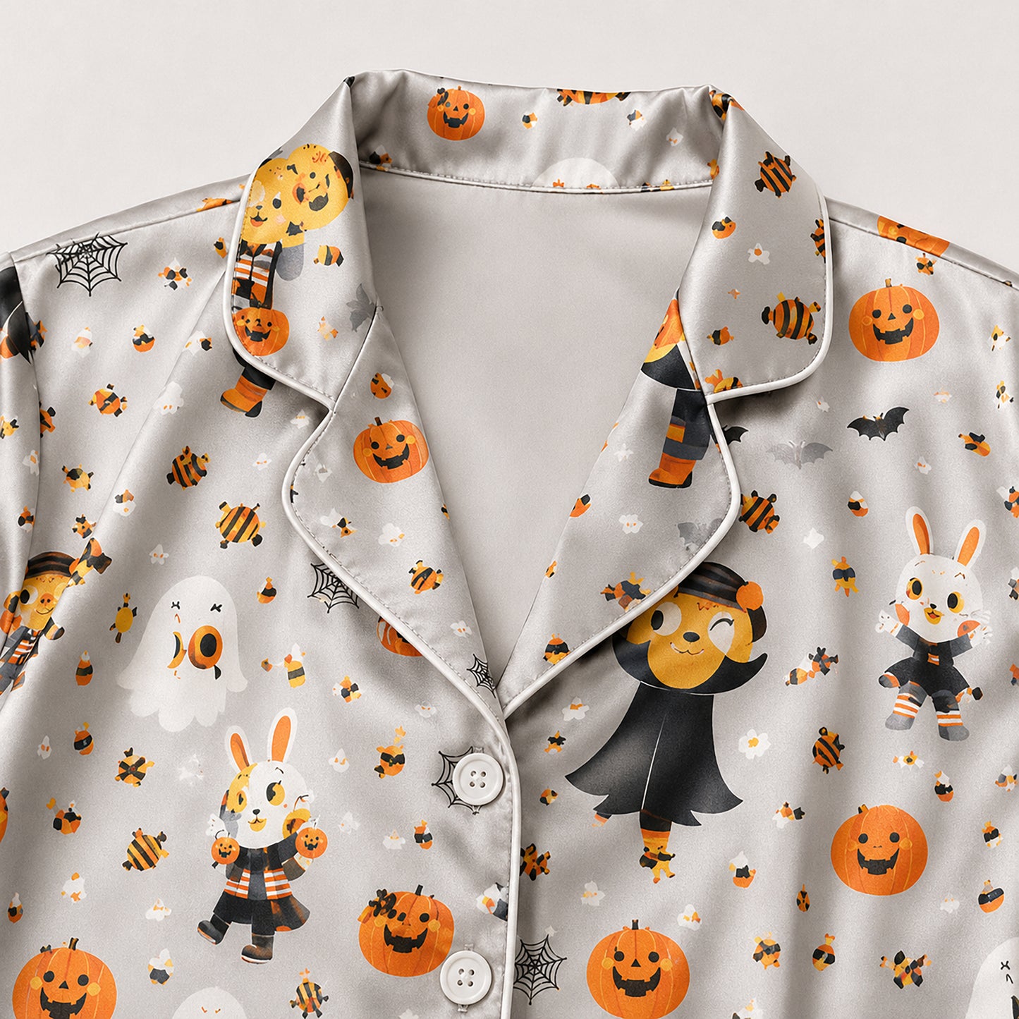 PJ-690-Cute Vampire Satin Pajama Set, Whimsical Halloween Sleepwear, Playful Spooky Loungewear, Fun October Gift
