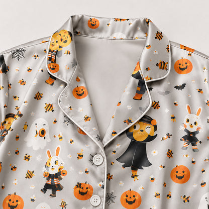 PJ-690-Cute Vampire Satin Pajama Set, Whimsical Halloween Sleepwear, Playful Spooky Loungewear, Fun October Gift