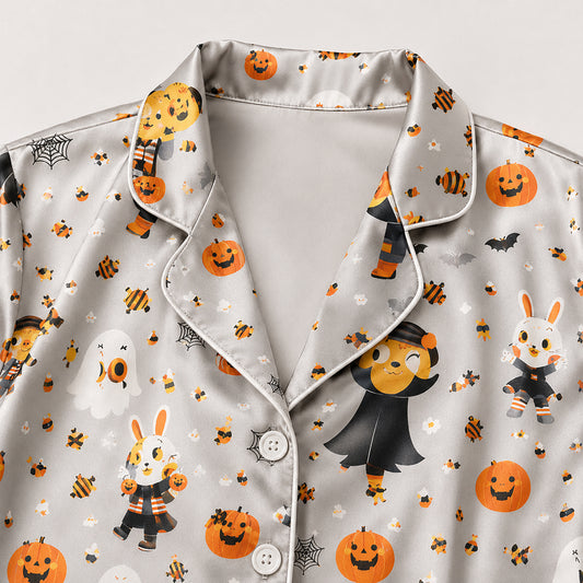 PJ-690-Cute Vampire Satin Pajama Set, Whimsical Halloween Sleepwear, Playful Spooky Loungewear, Fun October Gift