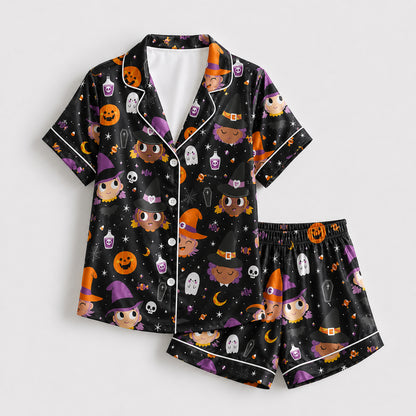 PJ-691-Midnight Whimsy Pajama Set, Charming Halloween Satin Sleepwear, Cozy Boutique Loungewear, October Gift