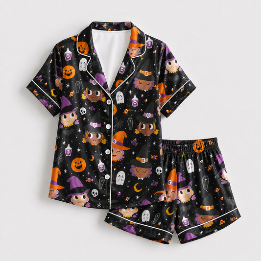 PJ-691-Midnight Whimsy Pajama Set, Charming Halloween Satin Sleepwear, Cozy Boutique Loungewear, October Gift