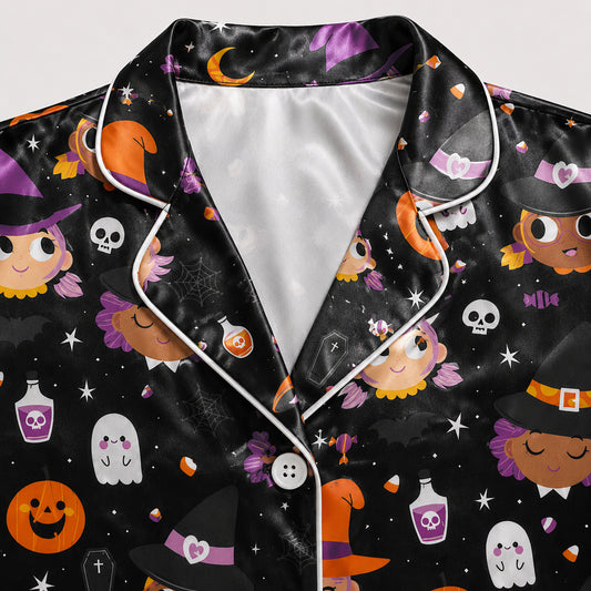 PJ-691-Midnight Whimsy Pajama Set, Charming Halloween Satin Sleepwear, Cozy Boutique Loungewear, October Gift