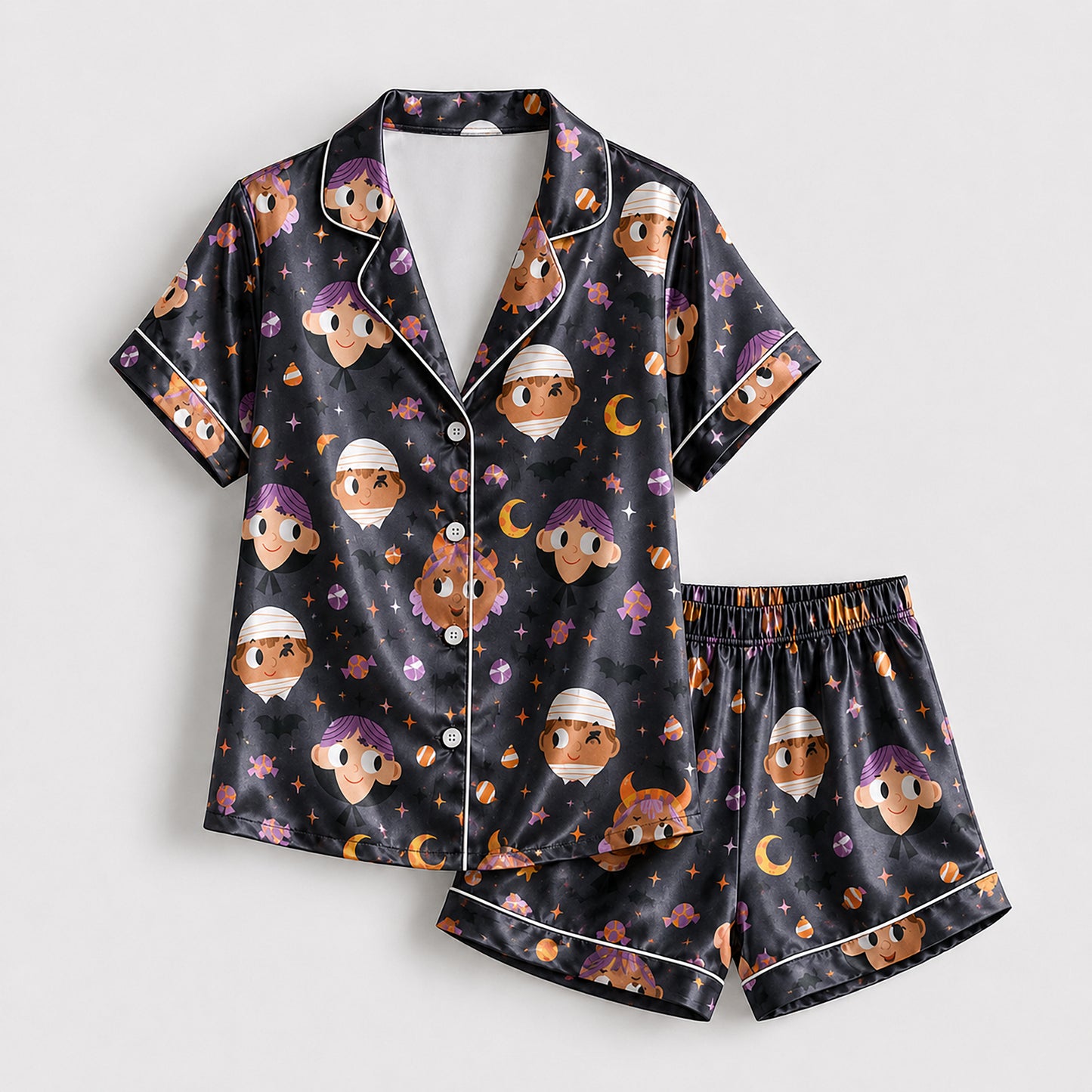 PJ-692-Sweetly Spooky Satin Pajamas, Cute Halloween Pattern Sleepwear, Premium Autumn Lounge Set, Festive Gift