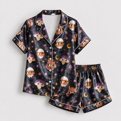 PJ-692-Sweetly Spooky Satin Pajamas, Cute Halloween Pattern Sleepwear, Premium Autumn Lounge Set, Festive Gift