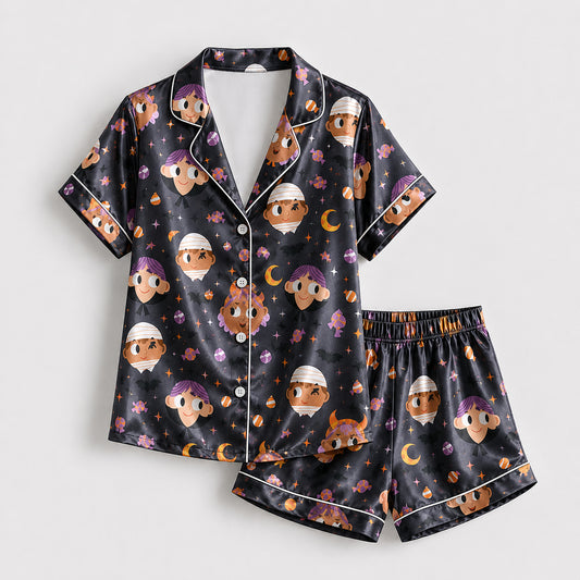 PJ-692-Sweetly Spooky Satin Pajamas, Cute Halloween Pattern Sleepwear, Premium Autumn Lounge Set, Festive Gift
