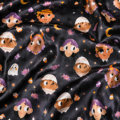 PJ-692-Sweetly Spooky Satin Pajamas, Cute Halloween Pattern Sleepwear, Premium Autumn Lounge Set, Festive Gift
