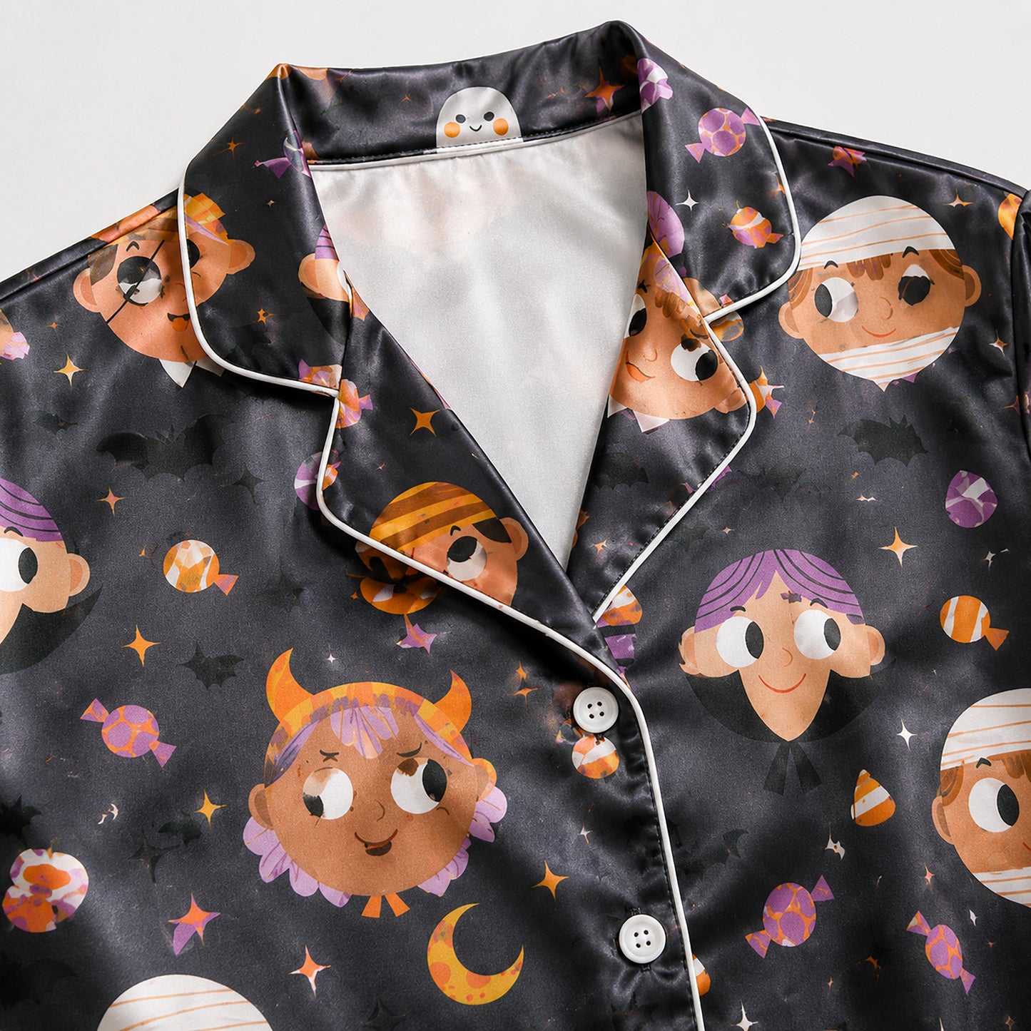 PJ-692-Sweetly Spooky Satin Pajamas, Cute Halloween Pattern Sleepwear, Premium Autumn Lounge Set, Festive Gift