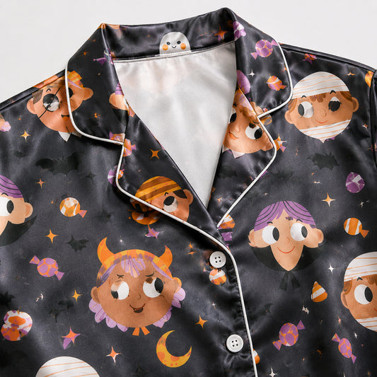 PJ-692-Sweetly Spooky Satin Pajamas, Cute Halloween Pattern Sleepwear, Premium Autumn Lounge Set, Festive Gift