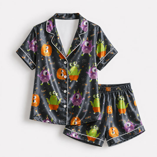 PJ-693-Cartoon Monster Satin Pajama Set, Cute Halloween Character Sleepwear, Whimsical Spooky Loungewear, Fun October Gift
