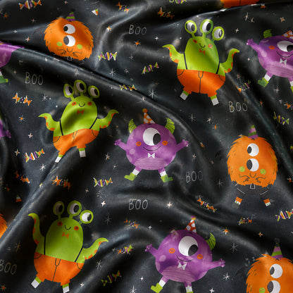 PJ-693-Cartoon Monster Satin Pajama Set, Cute Halloween Character Sleepwear, Whimsical Spooky Loungewear, Fun October Gift