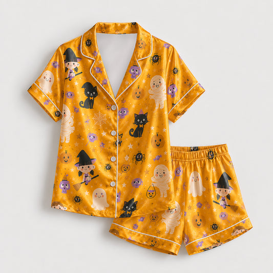 PJ-694-Spooky Chic Satin Pajamas, Whimsical Halloween Sleepwear Set, Cozy Autumn Lounge Outfit, Limited Style Gift