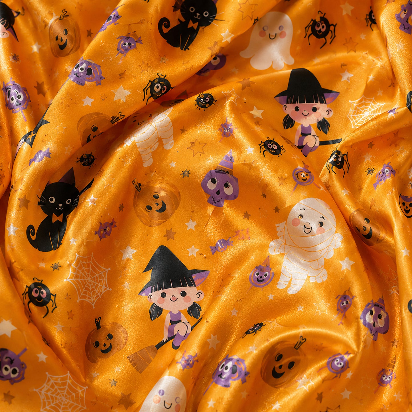 PJ-694-Spooky Chic Satin Pajamas, Whimsical Halloween Sleepwear Set, Cozy Autumn Lounge Outfit, Limited Style Gift