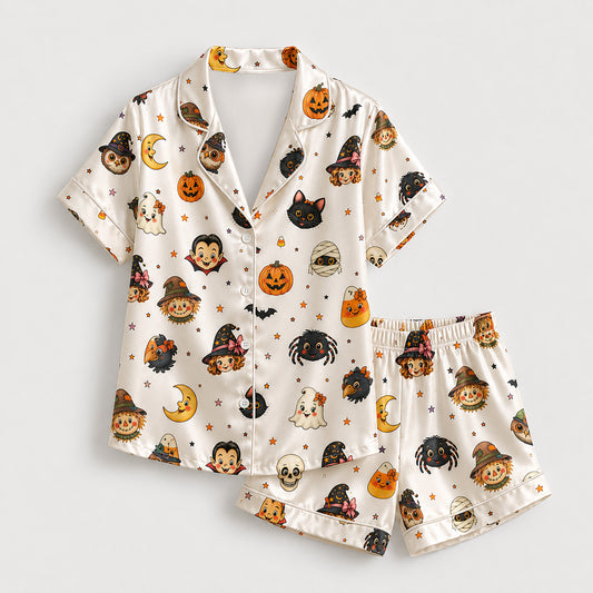 PJ-695-Cute Halloween Characters Satin Pajama Set with Ghost Pumpkin Black Cat Witch Vampire and Spider Pattern for Cozy Spooky Sleepwear