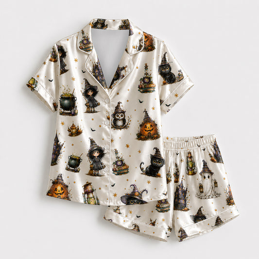 PJ-697-Vintage Halloween Witch Satin Pajama Set with Black Cat Pumpkin Potion Haunted Lantern and Gothic Magic Pattern for Cozy Sleepwear