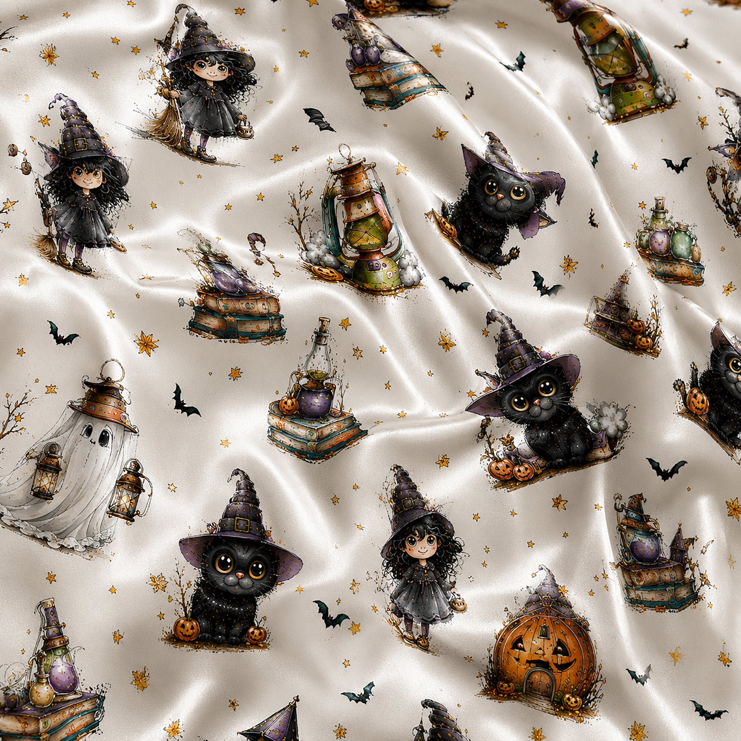 PJ-697-Vintage Halloween Witch Satin Pajama Set with Black Cat Pumpkin Potion Haunted Lantern and Gothic Magic Pattern for Cozy Sleepwear