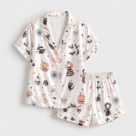 PJ-698-Pastel Halloween Satin Pajama Set with Cute Ghost Pumpkin Pink Moon Kawaii Witch Bat and Spider Pattern for Cozy Autumn Loungewear