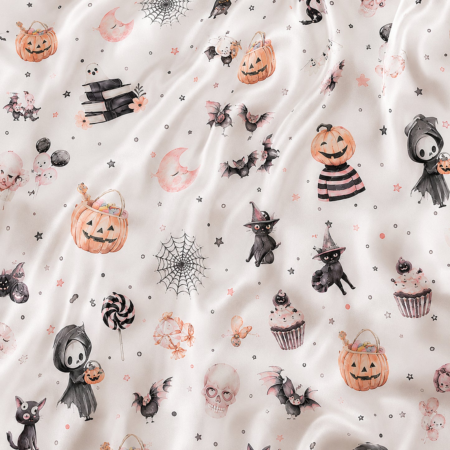 PJ-698-Pastel Halloween Satin Pajama Set with Cute Ghost Pumpkin Pink Moon Kawaii Witch Bat and Spider Pattern for Cozy Autumn Loungewear
