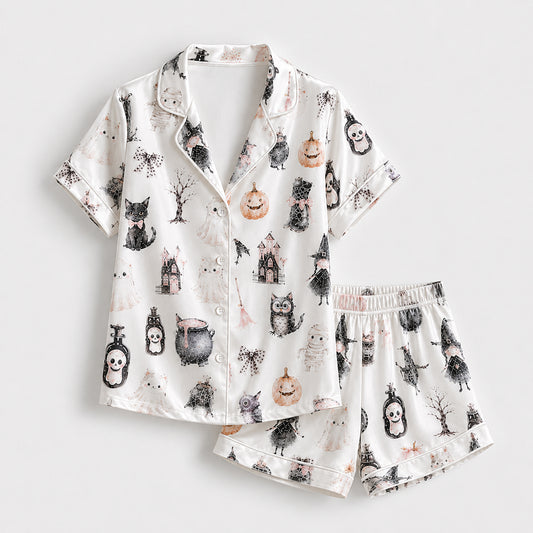 PJ-699-Vintage Halloween Satin Pajama Set with Black Cat Ghost Pumpkin and Haunted House Pattern