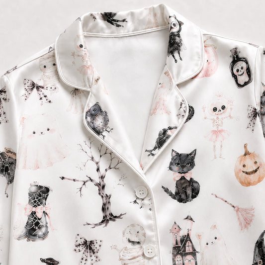 PJ-699-Vintage Halloween Satin Pajama Set with Black Cat Ghost Pumpkin and Haunted House Pattern