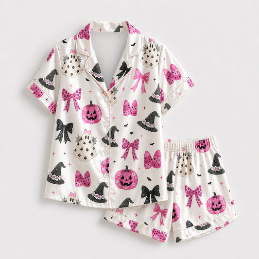 PJ-700-Pink Coquette Halloween Satin Pajama Set with Bows Pumpkins and Witch Hat Pattern